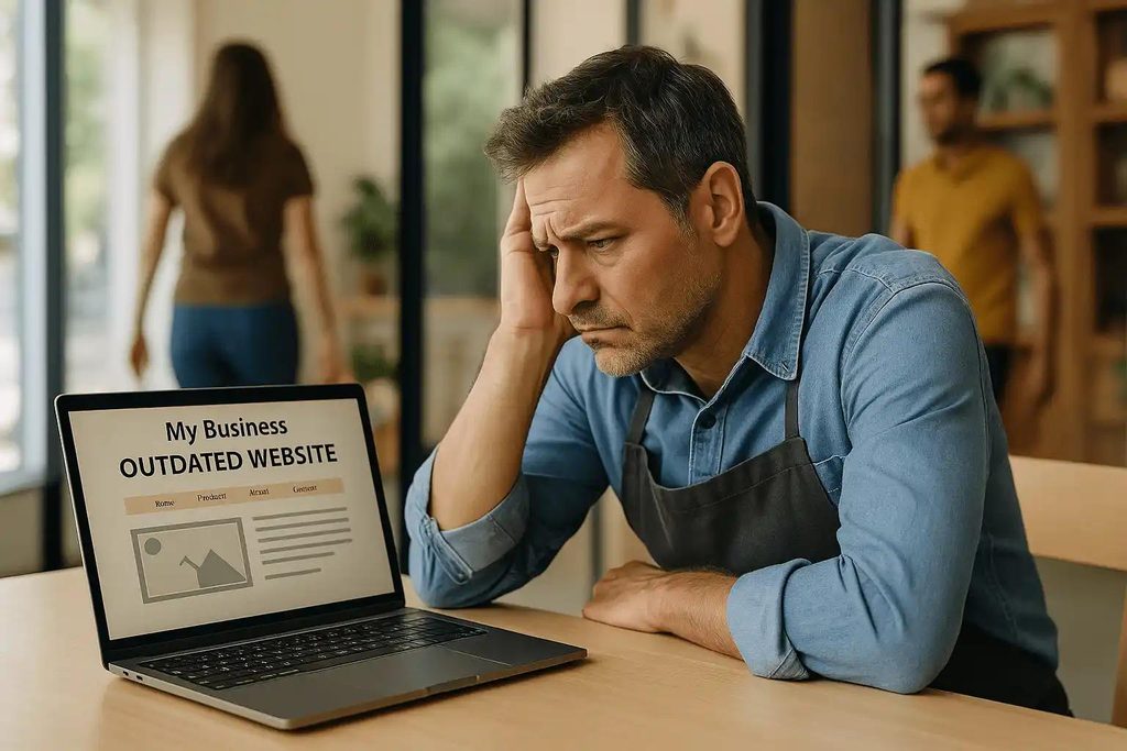 Business owner reviewing an outdated website on a laptop.
