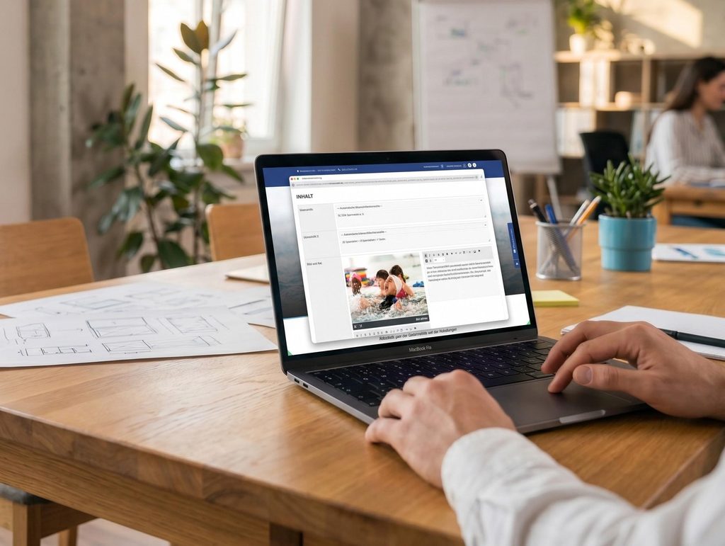 Business owner updating website content using a laptop.