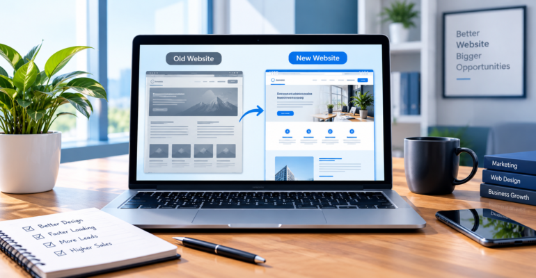 Comparison of an outdated business website and a modern redesigned website on a laptop.