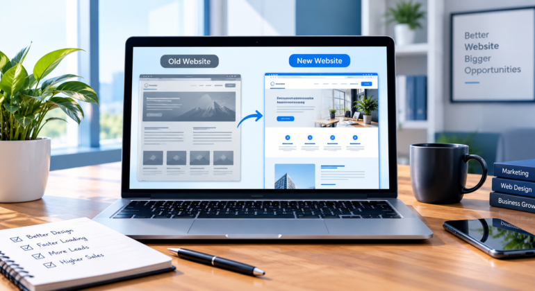 Comparison of an outdated business website and a modern redesigned website on a laptop.