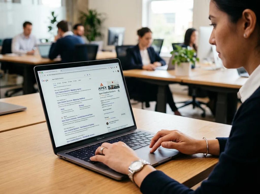 Business owner checking website search visibility and SEO performance.