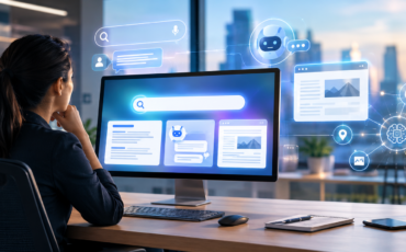 Futuristic AI Workspace at Sunrise