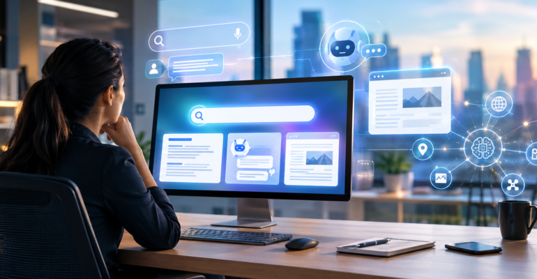 Futuristic AI Workspace at Sunrise