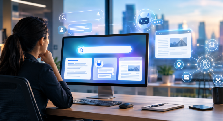 Futuristic AI Workspace at Sunrise