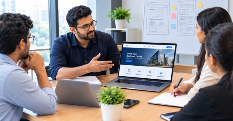 Business owner discussing website development requirements with a professional team.