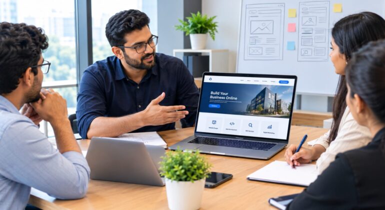 Business owner discussing website development requirements with a professional team.
