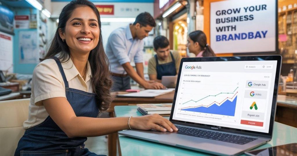Small business professional reviewing online advertising and search performance on a laptop.