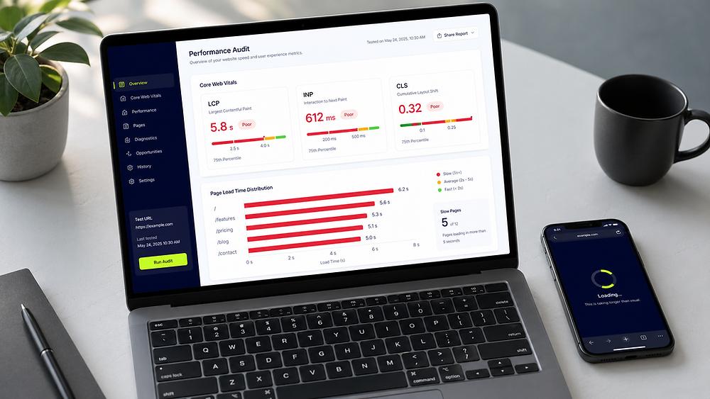 Laptop displaying a website performance test.