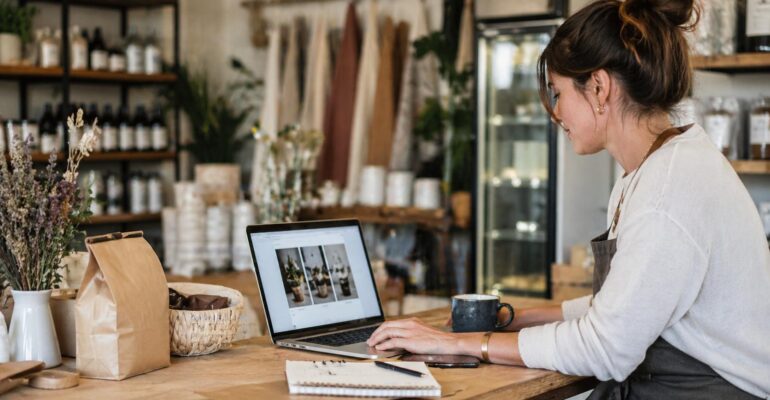 Small business owner using a laptop to manage an online business website