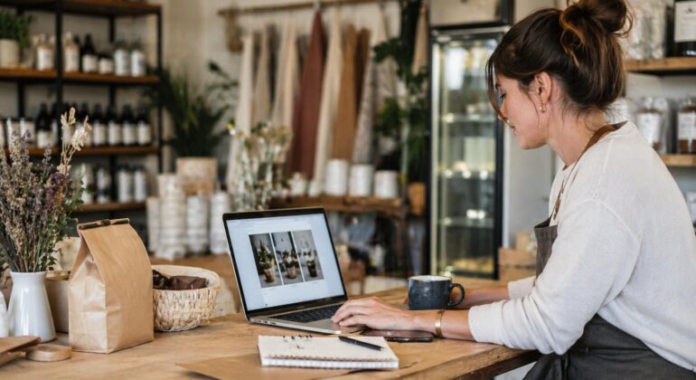 Small business owner using a laptop to manage an online business website